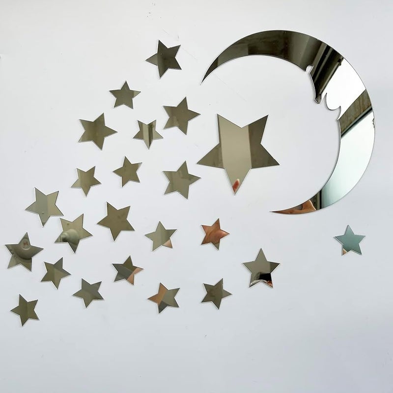 TVPHLLY 37pcs 3D Moon and Stars Silver Acrylic Wall Stickers with Adhesive Art Decal Satin Paper Baby Kids Bedroom Home DIY Decor Removable Stickers (Moon and Stars) - Image 2